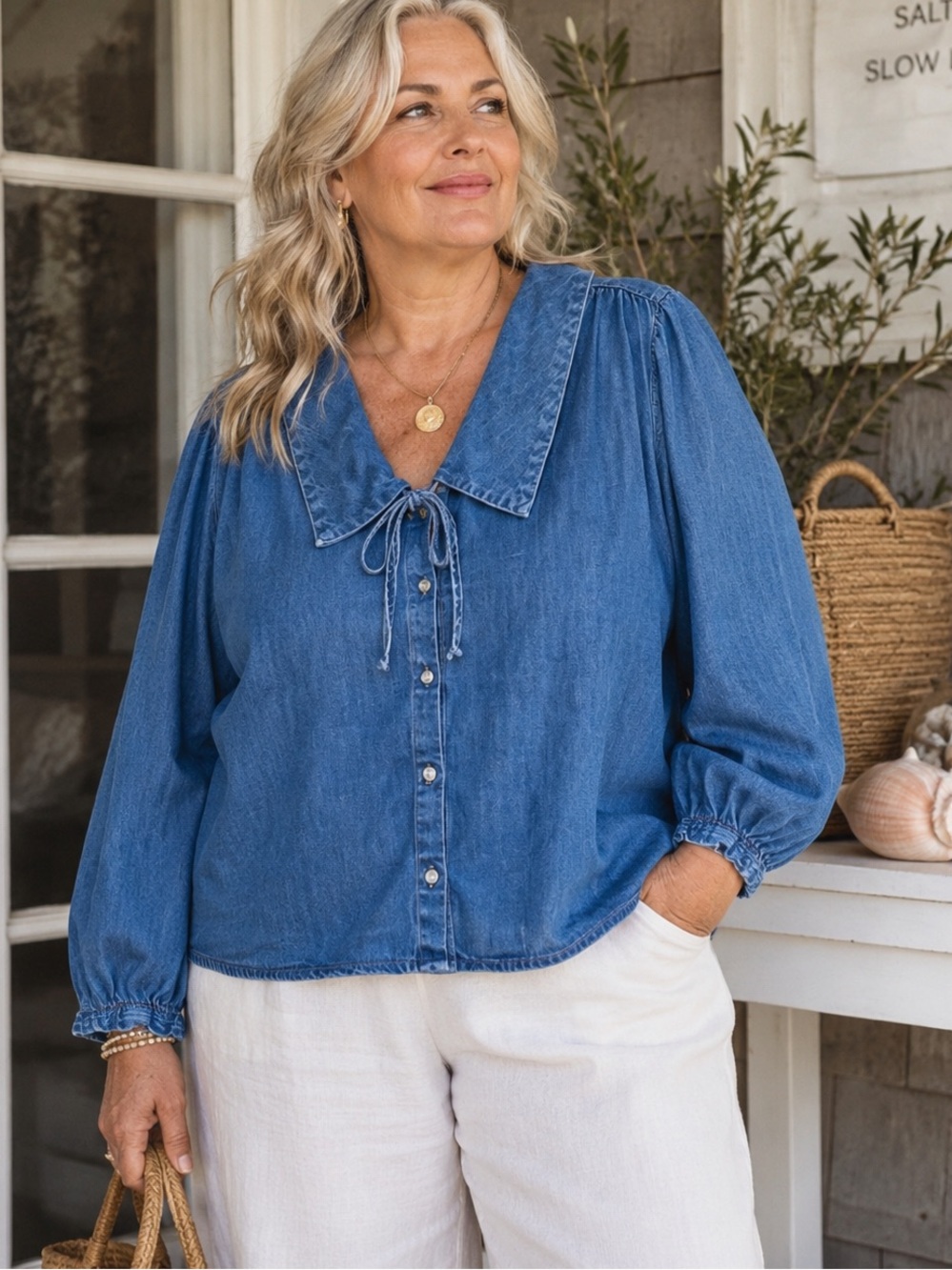 Old Navy 2025 Button Down Tie Neck Coastal Grandma Cottagecore Denim Blouse XL